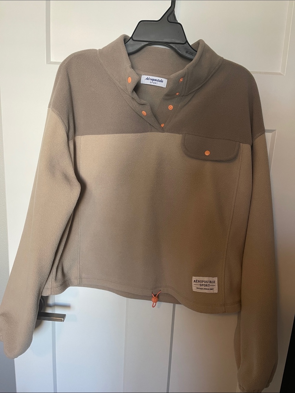 Aeropostale Two-Tone Taupe Fleece Pullover with Orange Snap Accents